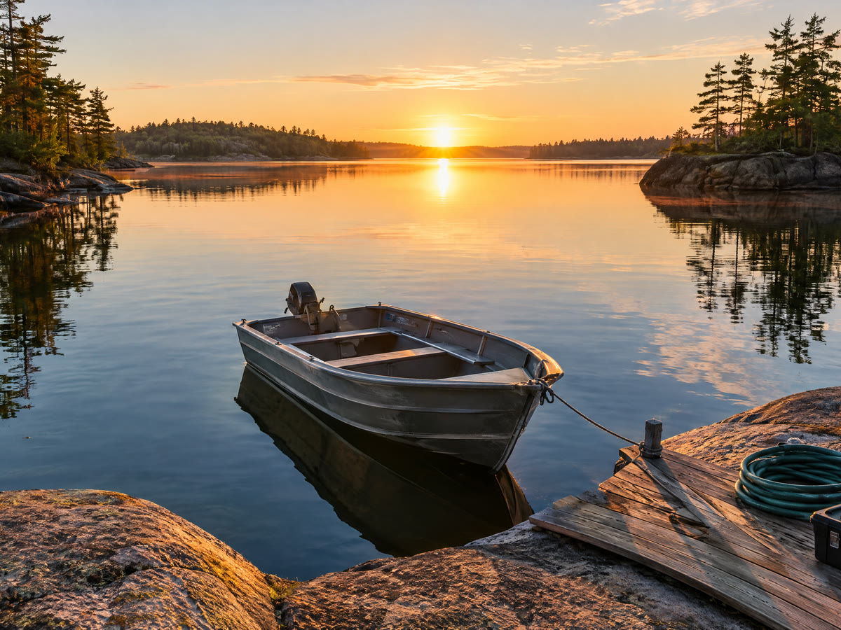 An aluminum work boat tied at a Canadian Shield island dock at sunrise
