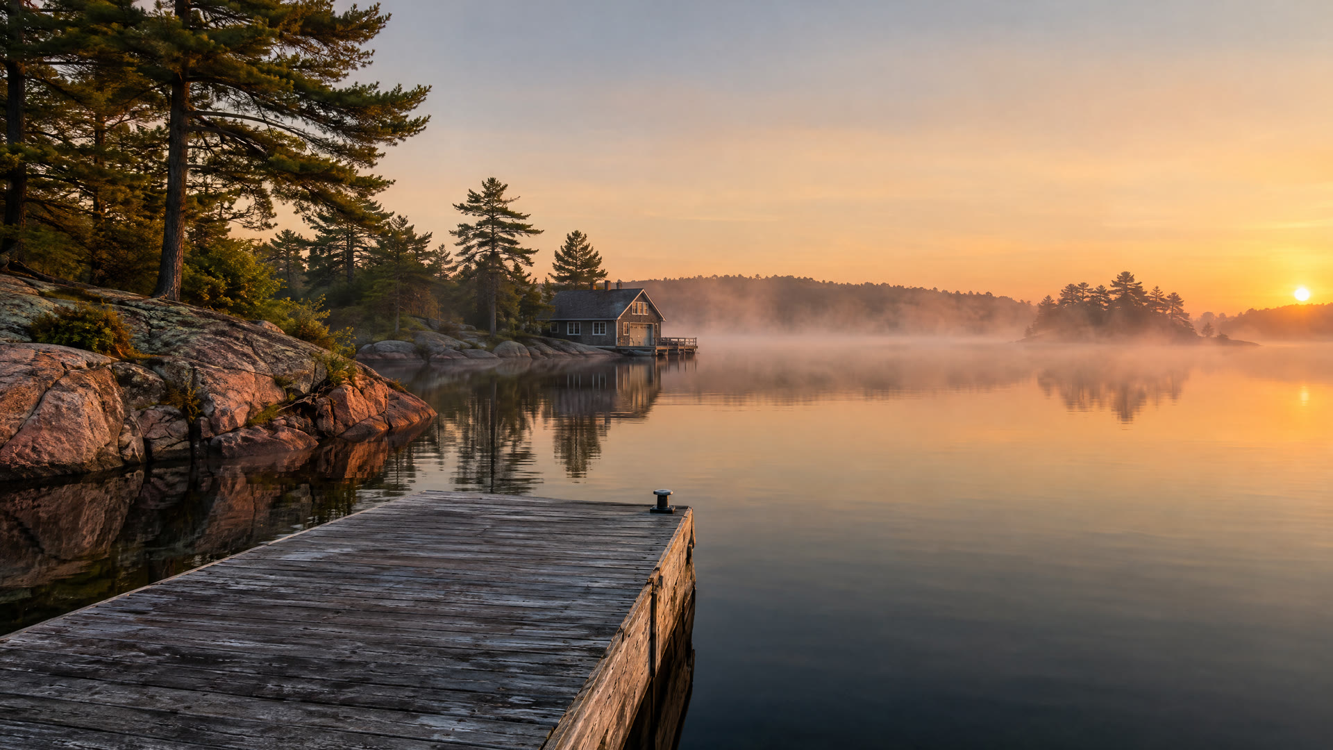 Sunrise over a Muskoka lake, mist on the water, a dock in the foreground