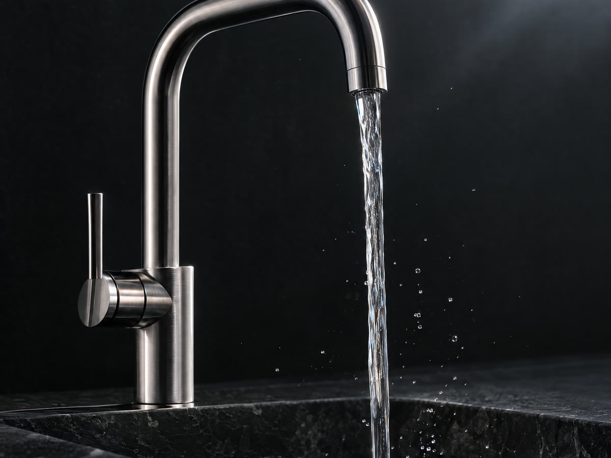 A brushed steel faucet running clear water