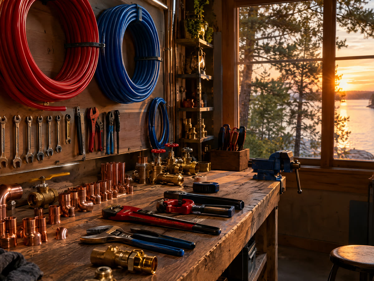 A plumber's workbench in a Muskoka workshop at golden hour, copper fittings and tools laid out, the lake in the window